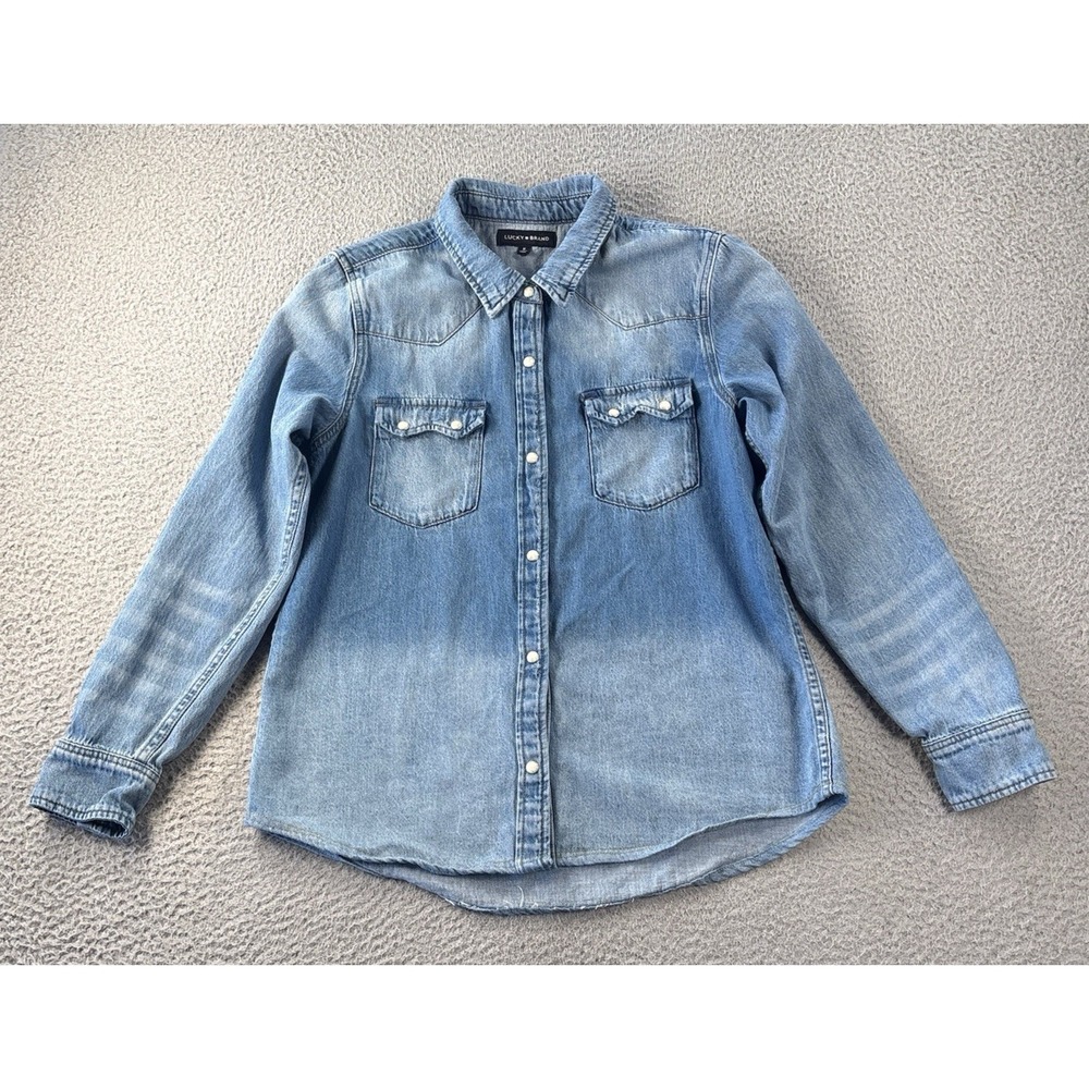 Lucky Brand Shirt Mens Medium Denim Pearl Snap Button Sawtooth Rodeo Western